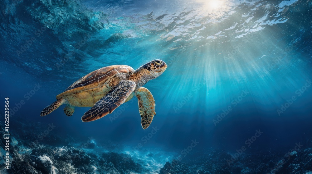 Obraz premium A sea turtle gliding through crystal-clear ocean waters reptiles in their serene underwater world sun rays piercing through