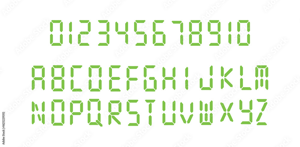 Fototapeta premium Digital letters and numbers vector set | segmented LED display alphabet and numerals. Digital alphabet.