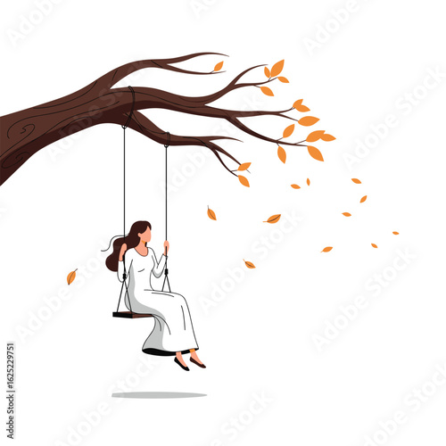 A gentle breeze carries falling leaves as a woman enjoys a peaceful swing