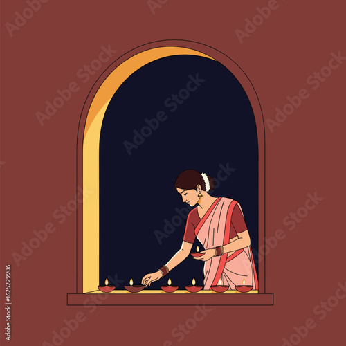Woman decorates window sill with diyas for festival celebration
