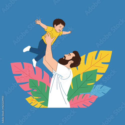 Father lifts son high up celebrating together with colorful tropical leaves