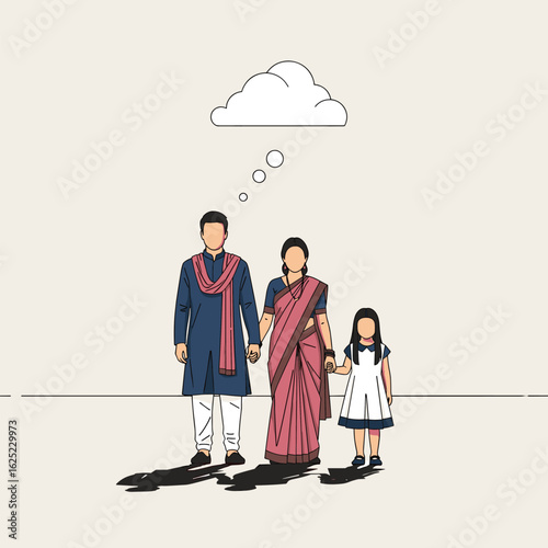 Indian family standing together with thought bubble above representing shared dreams and aspirations