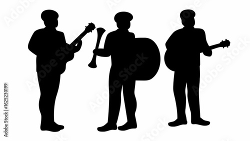 Silhouette illustration of three musicians playing instruments including guitar and a large drum like instrument