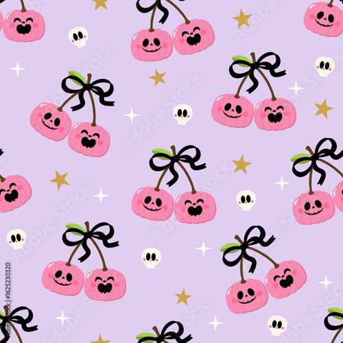 Happy halloween seamless pattern and background  with spooky ping cherries pumpkin, cute bow and ribbon. Holidays cartoon character. -Vector