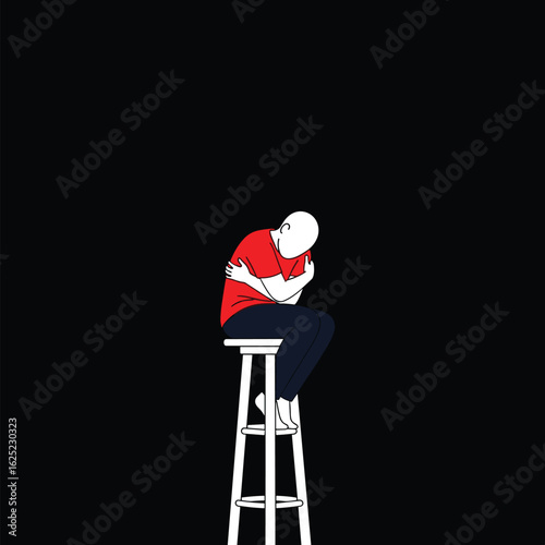 Anxiety and isolation personified a figure embraces themselves on a tall stool