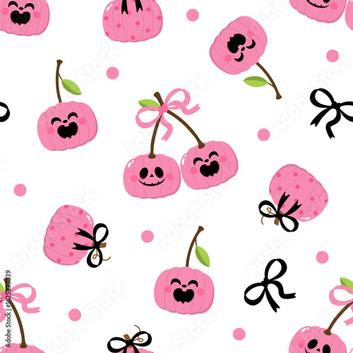 Happy halloween seamless pattern and background  with spooky ping cherries pumpkin, cute bow and ribbon. Holidays cartoon character. -Vector