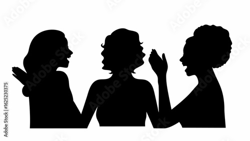 Three women silhouettes in conversation with expressive gestures and varied hairstyles in black and white