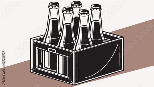 Illustration of six bottles in a crate with metal caps ready for a refreshing and enjoyable beverage