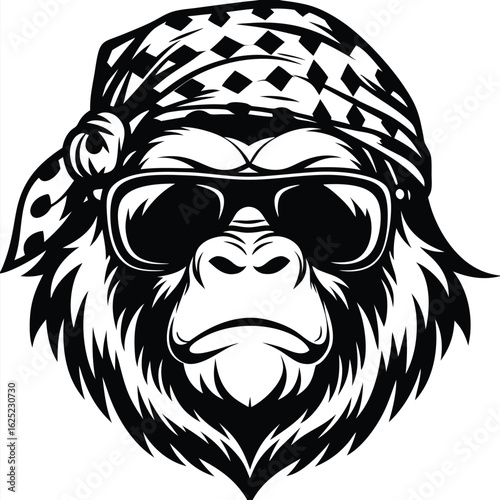 Cool gorilla sporting sunglasses and a patterned bandana showcases a blend of toughness and style