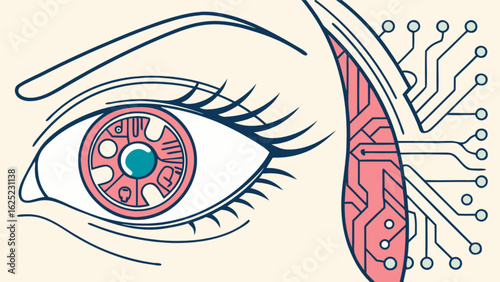 Illustration of a stylized eye with a robotic iris and a circuit board design on the temple