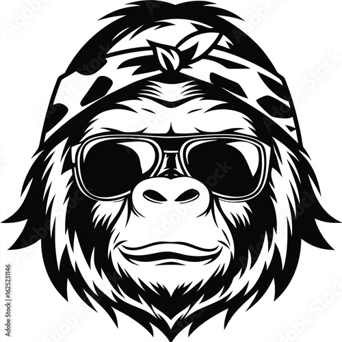 Gorilla wearing sunglasses and bandana displays cool attitude within the black and white vector