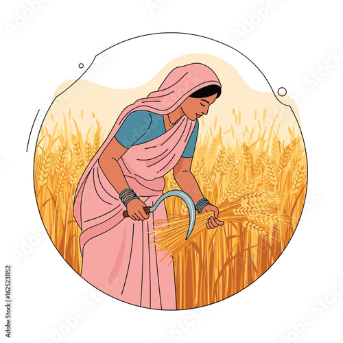 Rural indian woman farmer harvesting wheat crop with a sickle in a golden field