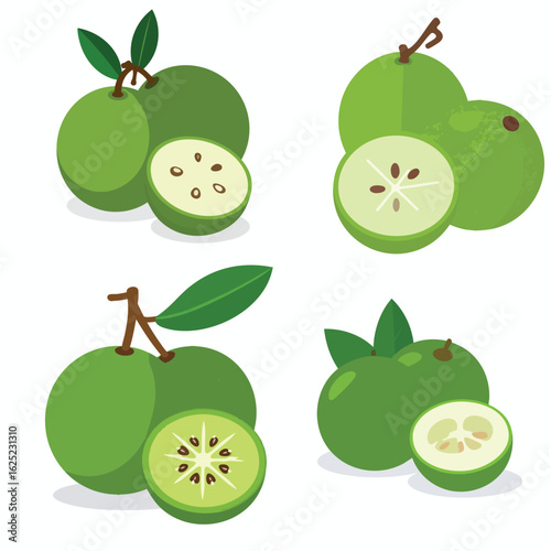 Four arrangements of green ambarella fruits, some whole and some sliced open, revealing the seeds and interior.