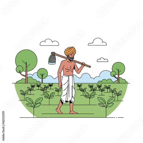A farmer carrying a hoe over his shoulder in a field of young plants