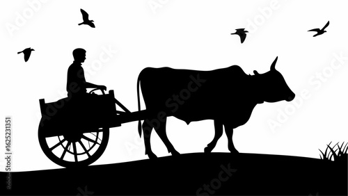 Silhouette of a man riding a bullock cart with birds flying in the sky on a white background landscape