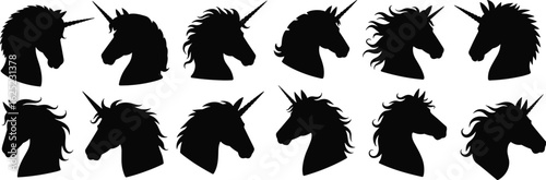 Unicorn Head Silhouettes, Fantasy Creature Icons, Black Vector Design, Magical Animal Graphics, Unique Horn Styles, Adobe Stock Illustration, Mythical Art