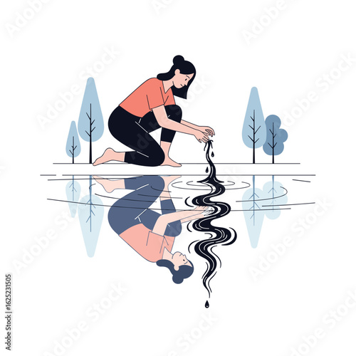 Woman kneeling by water reflecting her upside down with black liquid flowing