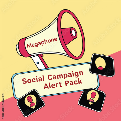 Megaphone alert social media campaign graphic with bold communication elements