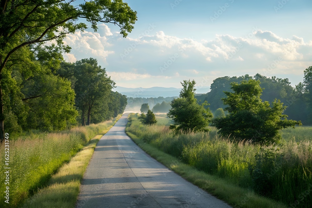 Fototapeta premium Long gravel road winding through a lush green forest with sunlight filtering through the trees