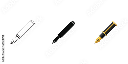 Pen set in line art, silhouette and colored vector