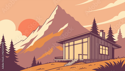 Illustration of a modern cabin house with large windows in a mountain landscape at sunset time