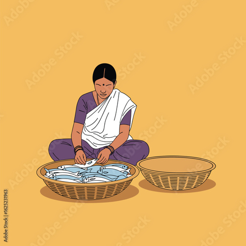 A woman sorting and cleaning fish in a basket next to another basket