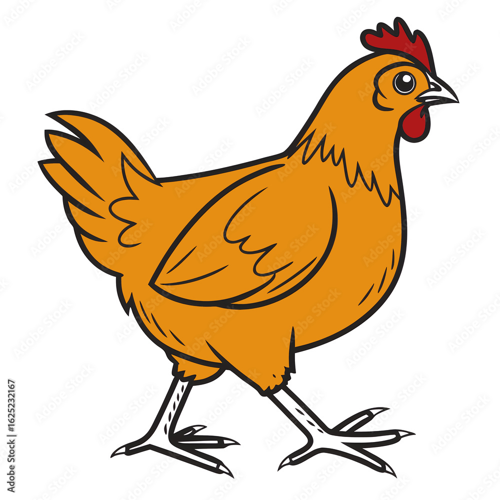 Fototapeta premium Illustration of a brown chicken with a red comb walking on a black background art