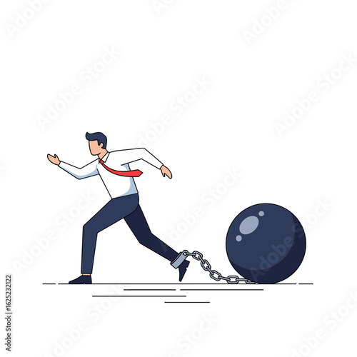 Businessman running with ball and chain on his leg escaping from confinement