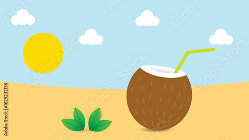 coconut cocktail on a tropical beach summer vector with green leaves and sunny sky