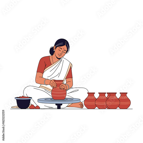 Skilled artisan gracefully crafts clay pots on a pottery wheel with artistic precision