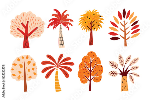 Vibrant Tree Collection: A set of whimsical, colorful trees stands against a bright background, illustrating a playful nature scene in a flat illustration style.
