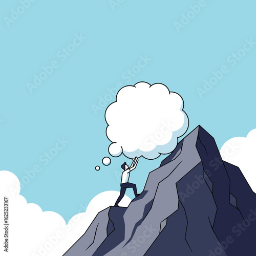 Person pushing a thought bubble up a rocky mountain peak against blue sky