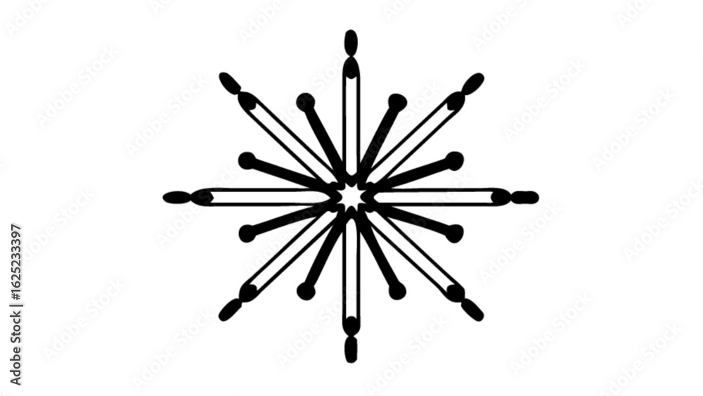 A black and white graphic of a starburst design with lines and dots emanating from the center point A black and white graphic of a starburst design with lines and dots emanating from the center point