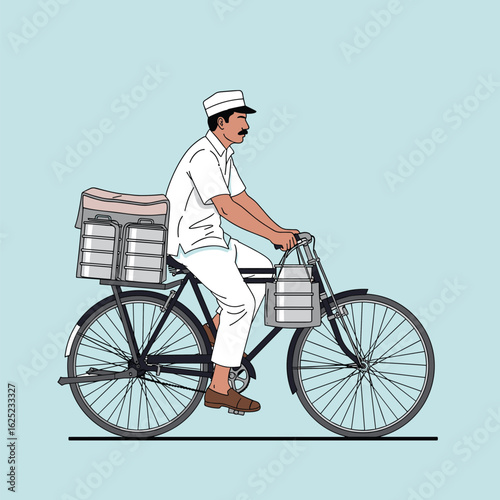 Man on bicycle delivering food containers urban transportation daily life occupation