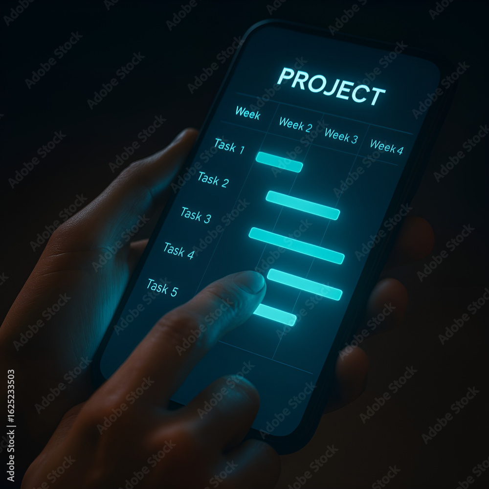 Obraz premium Mobile Project Management App with Task Tracking: Gantt Chart View for Weekly Task Planning and Workflow Optimization.