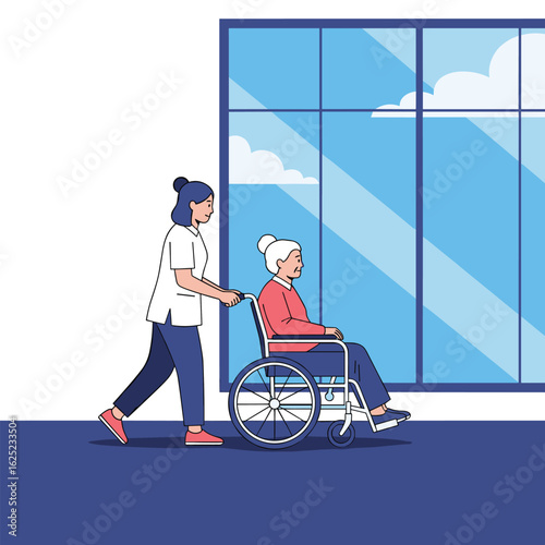 Dedicated caregiver assisting elderly woman in a wheelchair by large modern window