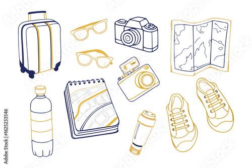 Travel Essentials: A vibrant collection of travel essentials, including a suitcase, map, camera, and sunglasses, evokes the anticipation of an exciting journey, ideal for any travel-related project.