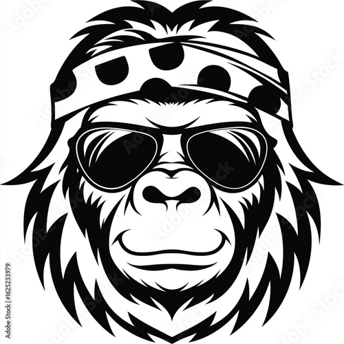 Gorilla with sunglasses and a spotted headband shows a fierce, yet relaxed face