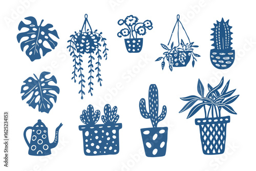 Indoor Botanical Collection: A captivating illustration showcasing a variety of indoor botanical elements, each intricately rendered in a monochromatic palette
