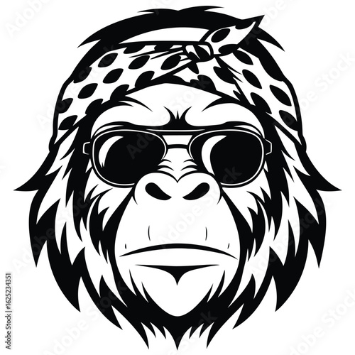 Cool gorilla wears sunglasses and stylish bandana in monochrome representation perfectly