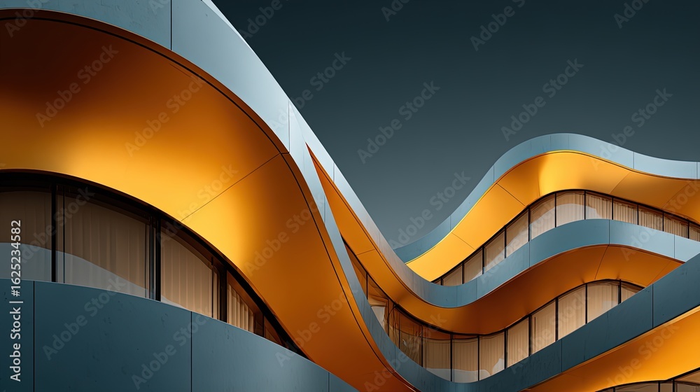 Obraz premium Luxury abstract building facade featuring gold accents fluid shapes and a high-contrast color palette