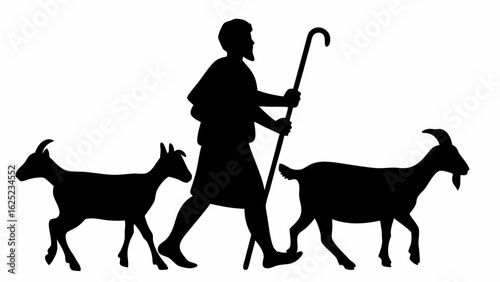 Silhouette of a shepherd walking with a staff and herding two goats against a white background scene view