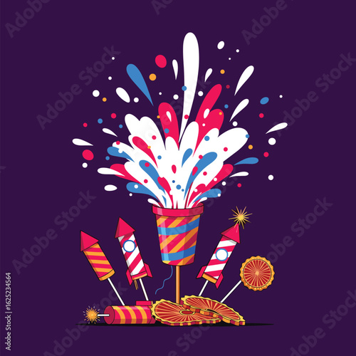 Celebration explosions and festive fireworks display illuminating the night sky in a grand spectacle