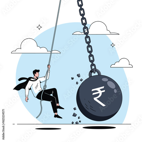Businessman climbing rope avoiding huge wrecking ball with rupee symbol