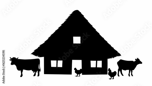Silhouette of a thatched roof house with cows and chickens in a farm setting rural landscape scene view