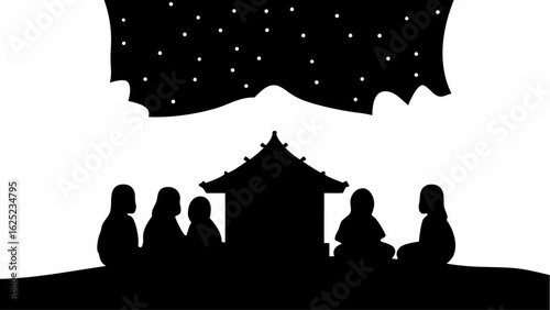 Silhouette of people sitting around a building under a starry sky in black and white landscape view