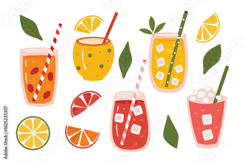 Refreshing Beverage Assortment: A vibrant collection of hand-drawn beverage illustrations. Evoking a refreshing essence, ideal for summer. 