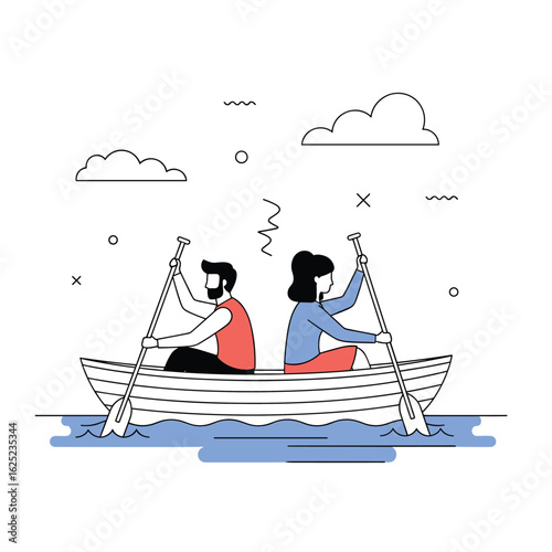 Two people rowing a boat in opposite directions facing away from each other