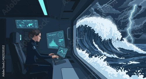 Scientist Monitors Tsunami Wave Activity Inside Futuristic Station