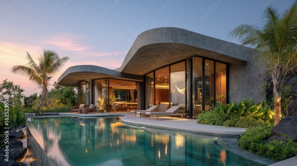 Obraz premium Exterior architecture of a modern villa with curved cement roofs infinity pools and tropical landscaping